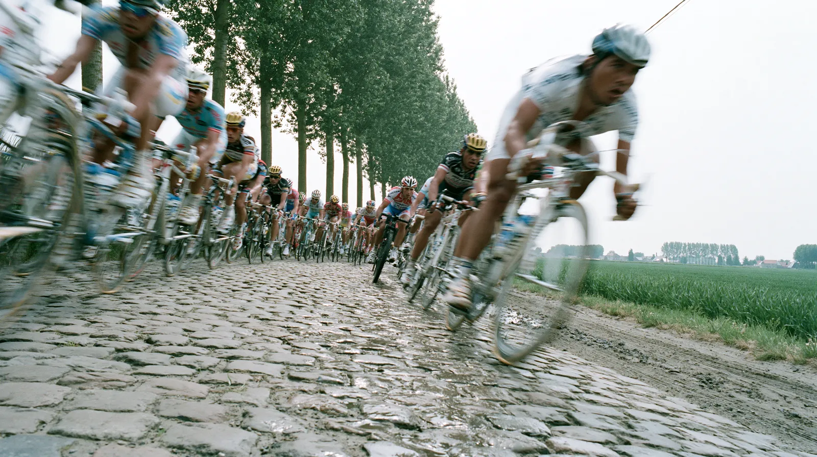 Wielerpeloton op Vlaamse kasseien