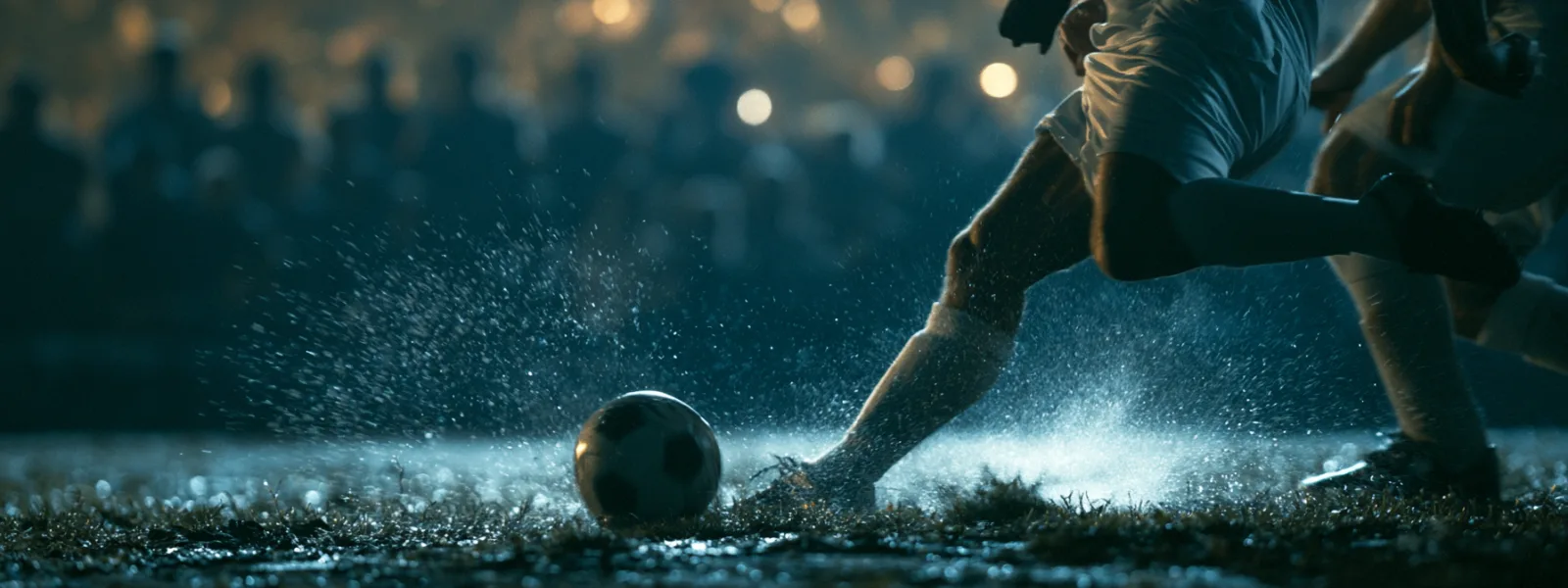 Joueur de football frappant le ballon sous les projecteurs, tribunes en arrière-plan